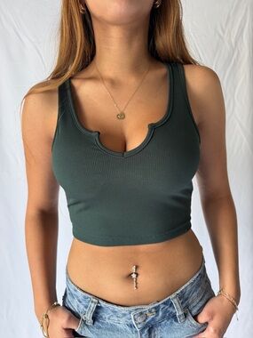 Forest Green Ribbed Scoop-Notch Crop Tank